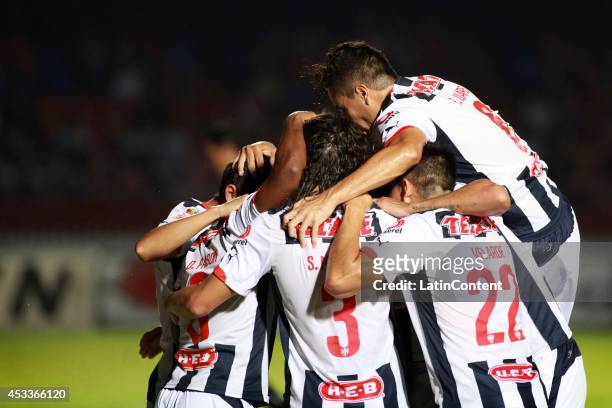 Players of Monterrey celebrate the first goal of the game during the match between Tiburones Rojos and Rayados de Monterrey as part of 4th round...