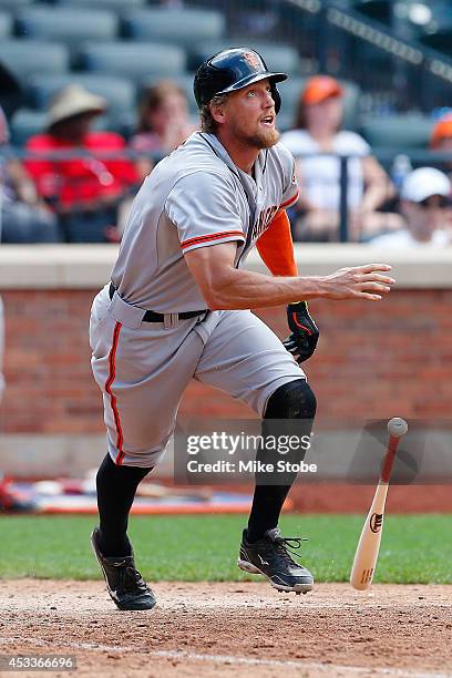 Hunter Pence of the San Francisco Giants in action against the New York Mets at Citi Field on August 4, 2014 in the Flushing neighborhood of the...