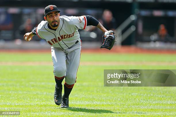 Sergio Romo of the San Francisco Giants in action against the New York Mets at Citi Field on August 4, 2014 in the Flushing neighborhood of the...