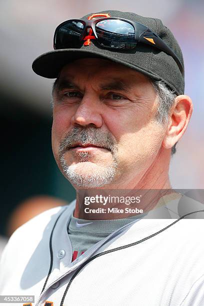 Bruce Bochy of the San Francisco Giants looks on against the New York Mets at Citi Field on August 4, 2014 in the Flushing neighborhood of the Queens...