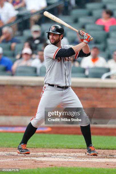 Brandon Belt of the San Francisco Giants in action against the New York Mets at Citi Field on August 4, 2014 in the Flushing neighborhood of the...