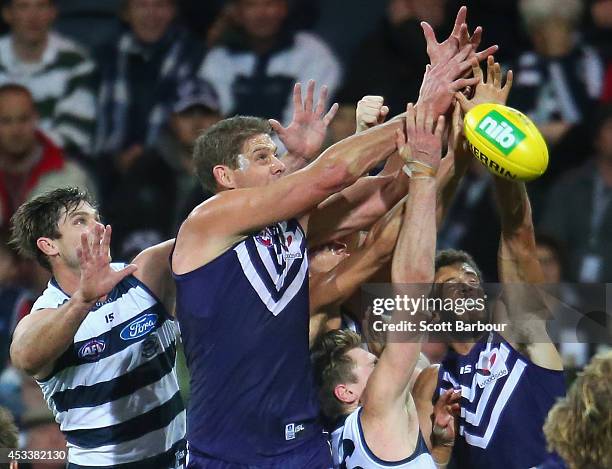 Aaron Sandilands of the Dockers competes for the ball during the round 20 AFL match between the Geelong Cats and the Fremantle Dockers at Skilled...