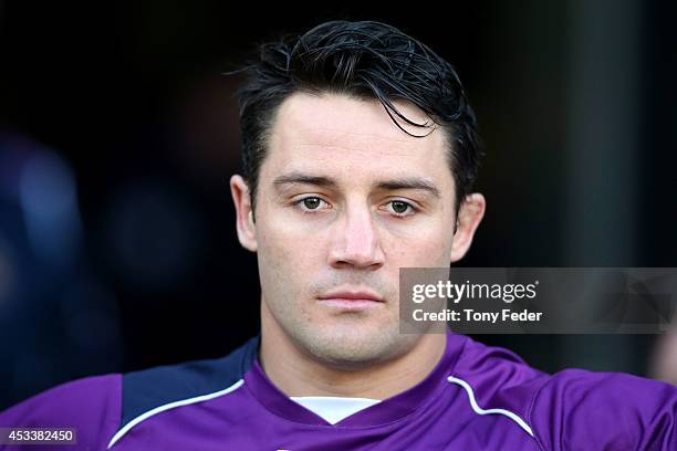 Cooper Cronk of the Storm during the round 22 NRL match between the Newcastle Knights and the Melbourne Storm at Hunter Stadium on August 9, 2014 in...