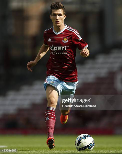 Dan Potts of West Ham United in action during the pre-season friendly match between West Ham United and Sampdoria at Boleyn Ground on August 9, 2014...