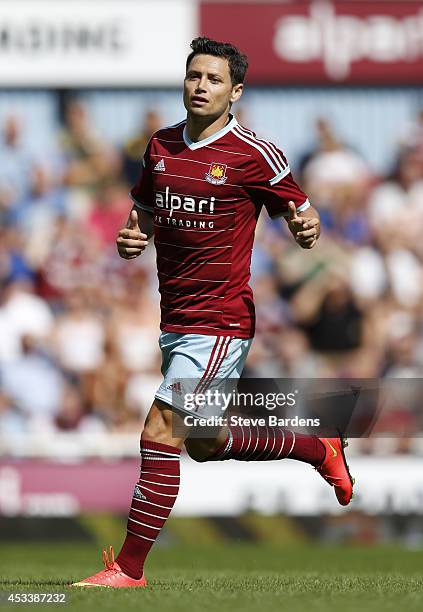 Mauro Zarate of West Ham United during the pre-season friendly match between West Ham United and Sampdoria at Boleyn Ground on August 9, 2014 in...