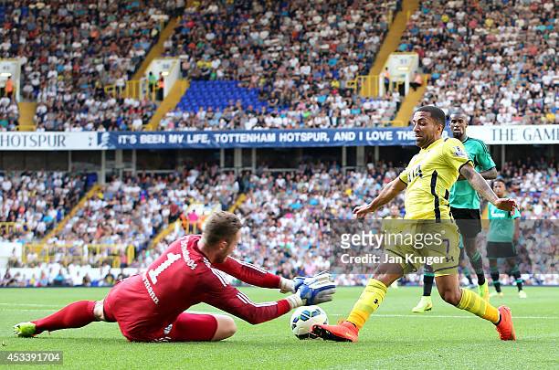 Aaron Lennon of Spurs has his shot at goal blocked by Ralf Fahrmann of Schalke during a pre season friendly match between Tottenham Hotspur and FC...