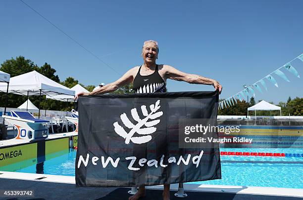 Katherine Johnstone of New Zealand smiles after completing the Women's 400m Freestyle during the 15th FINA World Masters Championships at Parc...