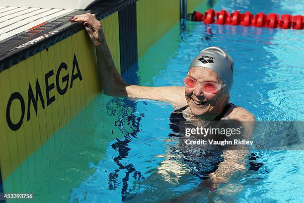 Katherine Johnstone of New Zealand smiles after completing the Women's 400m Freestyle during the 15th FINA World Masters Championships at Parc...