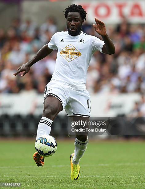 Wilfried Bony of Swansea City in action during a pre season friendly match between Swansea City and Villarreal at Liberty Stadium on August 09, 2014...