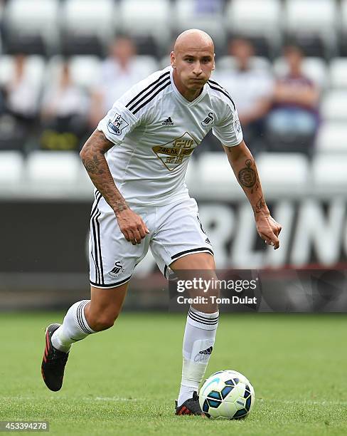 Jonjo Shelvey of Swansea City in action during a pre season friendly match between Swansea City and Villarreal at Liberty Stadium on August 09, 2014...