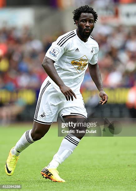 Wilfried Bony of Swansea City in action during a pre season friendly match between Swansea City and Villarreal at Liberty Stadium on August 09, 2014...