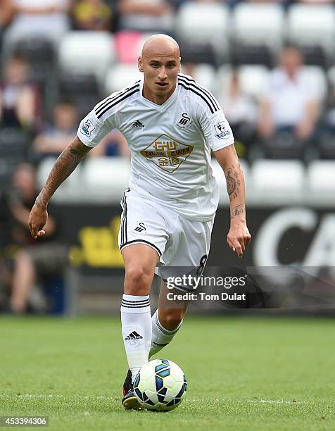 Jonjo Shelvey of Swansea City in action during a pre season friendly match between Swansea City and Villarreal at Liberty Stadium on August 09, 2014...