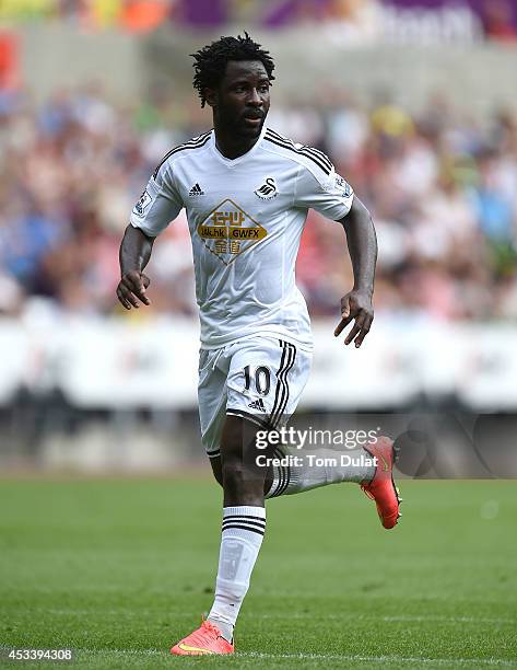 Wilfried Bony of Swansea City in action during a pre season friendly match between Swansea City and Villarreal at Liberty Stadium on August 09, 2014...