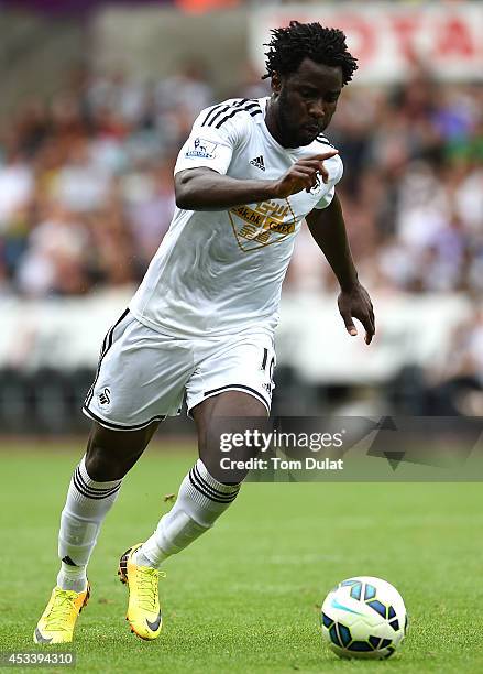 Wilfried Bony of Swansea City in action during a pre season friendly match between Swansea City and Villarreal at Liberty Stadium on August 09, 2014...