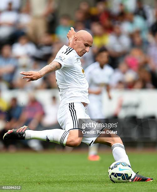 Jonjo Shelvey of Swansea City in action during a pre season friendly match between Swansea City and Villarreal at Liberty Stadium on August 09, 2014...