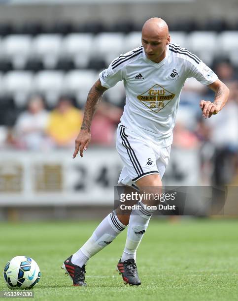 Jonjo Shelvey of Swansea City in action during a pre season friendly match between Swansea City and Villarreal at Liberty Stadium on August 09, 2014...