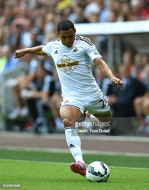 Jeferson Montero of Swansea City in action during a pre season friendly match between Swansea City and Villarreal at Liberty Stadium on August 09,...