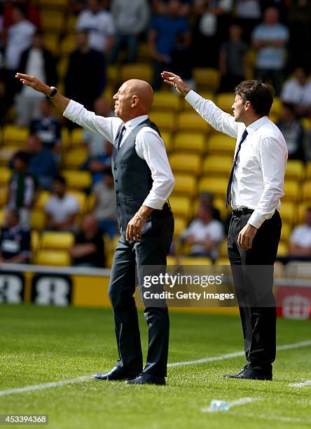 Bebbe Sannino manager of Watford and Dougie Freedman manager of Bolton Wanderers urge on their sides during the Sky Bet Championship match between...