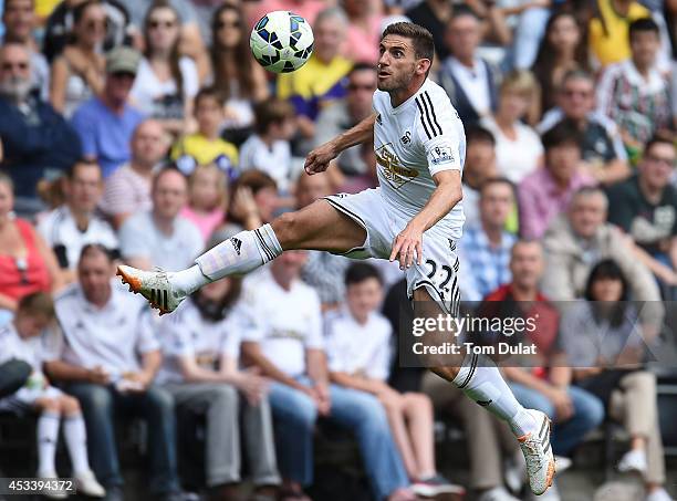 Angel Rangel of Swansea City in action during a pre season friendly match between Swansea City and Villarreal at Liberty Stadium on August 09, 2014...