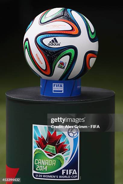 The official adidas match ball 'Brazuca' is pictured prior to the FIFA U-20 Women's World Cup Canada 2014 group C match between England and Mexico at...