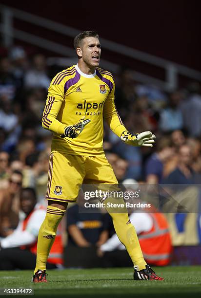 Adrian of West Ham United in action during the pre-season friendly match between West Ham United and Sampdoria at Boleyn Ground on August 9, 2014 in...