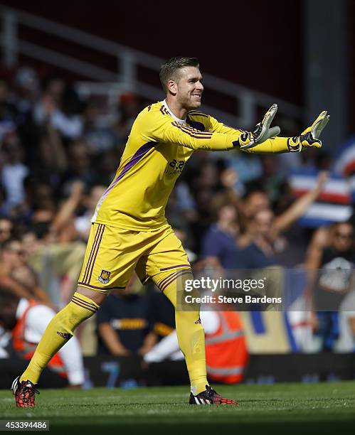 Adrian of West Ham United in action during the pre-season friendly match between West Ham United and Sampdoria at Boleyn Ground on August 9, 2014 in...