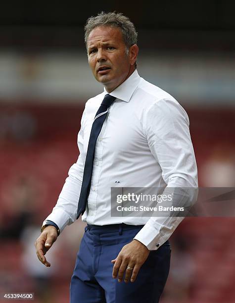 Sampdoria manager Sinisa Mihajlovic looks on during the pre-season friendly match between West Ham United and Sampdoria at Boleyn Ground on August 9,...