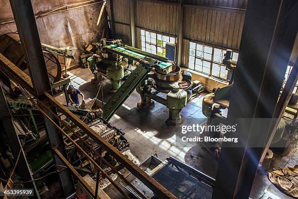 Worker monitors a conveyor as tea leaves pass through leaf maceration machines at the Highfield Tea Estate factory in Coonoor, Tamil Nadu, India, on...