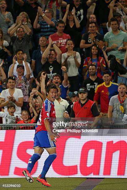 Yoichiro Kakitani of FC Basel celebrates his goal during the Raiffeisen Super League match between FC Basel and FC Zurich at St. Jakob-Park on August...