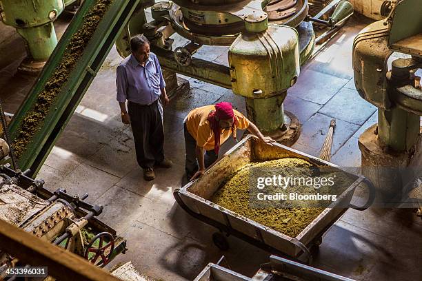 Worker pushes a cart of tea leaves through the Highfield Tea Estate factory in Coonoor, Tamil Nadu, India, on Saturday, Nov. 30, 2013. India is the...
