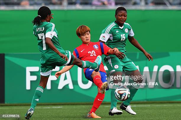 Kim Soyi of Korea Republic is challenged by Loveth Ayila and Ugo Njoku of Nigeria during the FIFA U-20 Women's World Cup Canada 2014 group C match...