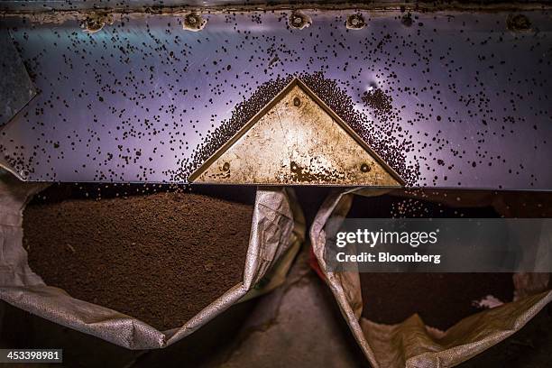 Tea is distributed into bags as it passes though a fibre extraction machine at the Santosh Tea Industries Pvt. Factory in Coonoor, Tamil Nadu, India,...