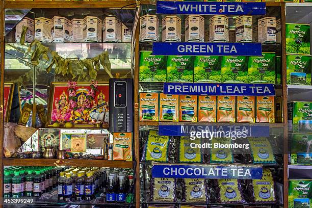 Different types of tea are displayed for sale at the Highfield Tea Estate factory in Coonoor, Tamil Nadu, India, on Saturday, Nov. 30, 2013. India is...