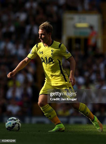 Christian Eriksen of Spurs controls the ball during a pre season friendly match between Tottenham Hotspur and FC Schalke at White Hart Lane on August...