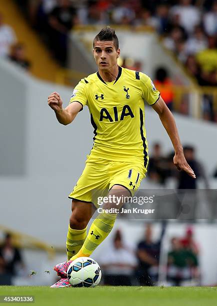 Erik Lamela of Spurs controls the ball during a pre season friendly match between Tottenham Hotspur and FC Schalke at White Hart Lane on August 9,...