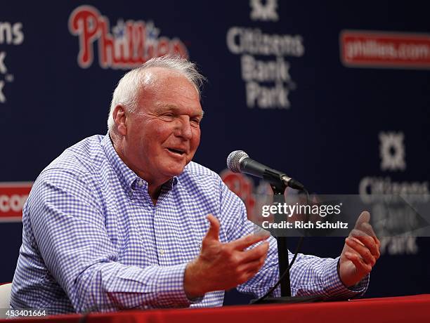 Former manager Charlie Manuel of the Philadelphia Phillies talks during a press conference before the start of a game against the New York Mets at...