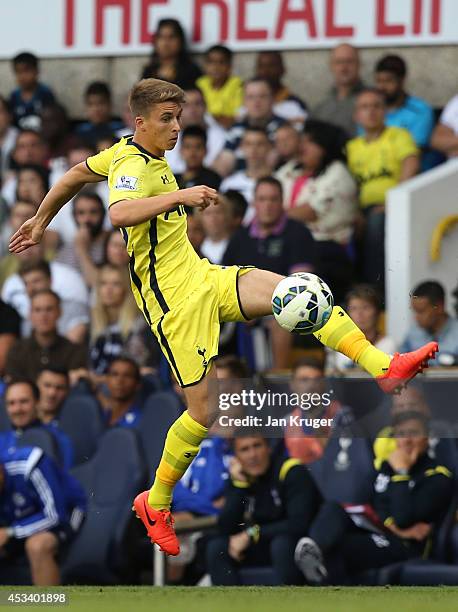 Tom Carroll of Spurs controls the ball during a pre season friendly match between Tottenham Hotspur and FC Schalke at White Hart Lane on August 9,...