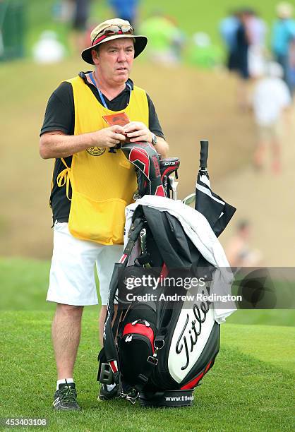 Caddie Mick Donaghy is seen during the third round of the 96th PGA Championship at Valhalla Golf Club on August 9, 2014 in Louisville, Kentucky.