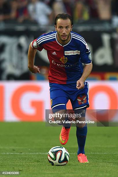 Shkelzen Gashi of FC Basel in action during the Raiffeisen Super League match between FC Basel and FC Zurich at St. Jakob-Park on August 9, 2014 in...