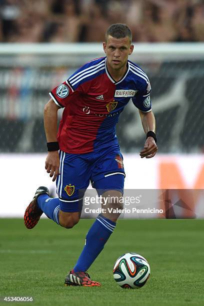 Fabian Frei of FC Basel in action during the Raiffeisen Super League match between FC Basel and FC Zurich at St. Jakob-Park on August 9, 2014 in...
