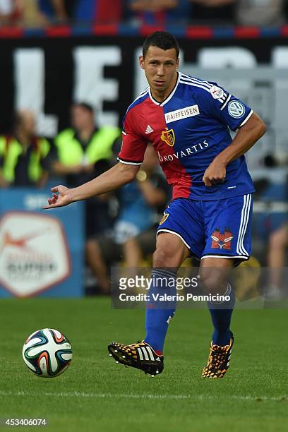 Marek Suchy of FC Basel in action during the Raiffeisen Super League match between FC Basel and FC Zurich at St. Jakob-Park on August 9, 2014 in...