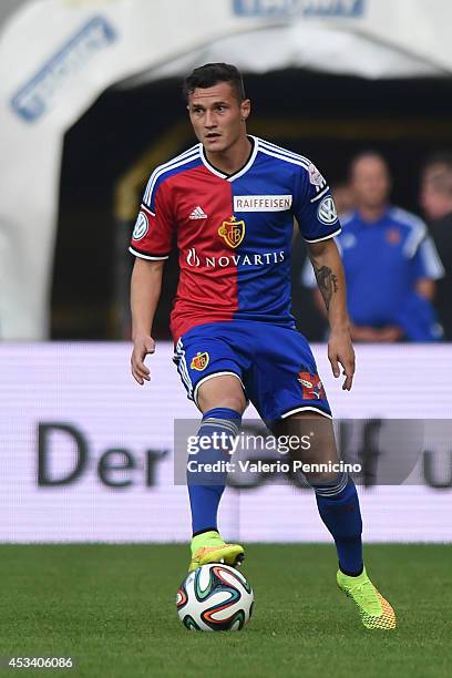 Taulant Xhaka of FC Basel in action during the Raiffeisen Super League match between FC Basel and FC Zurich at St. Jakob-Park on August 9, 2014 in...