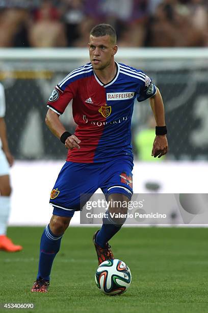 Fabian Frei of FC Basel in action during the Raiffeisen Super League match between FC Basel and FC Zurich at St. Jakob-Park on August 9, 2014 in...