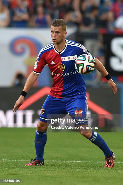 Fabian Frei of FC Basel in action during the Raiffeisen Super League match between FC Basel and FC Zurich at St. Jakob-Park on August 9, 2014 in...