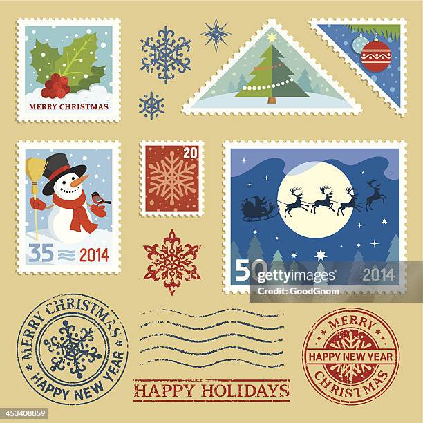 ilustraciones, imágenes clip art, dibujos animados e iconos de stock de conjunto de sellos de navidad - sello postal