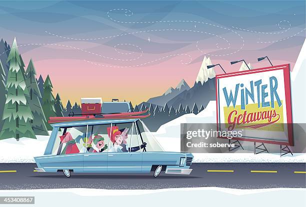 stockillustraties, clipart, cartoons en iconen met family winter getaways - reclamebord