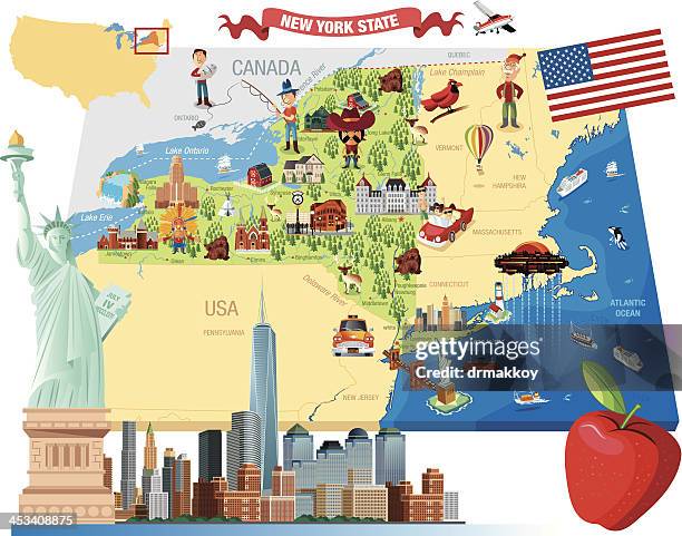 cartoon map of new york - niagara falls city new york state stock illustrations