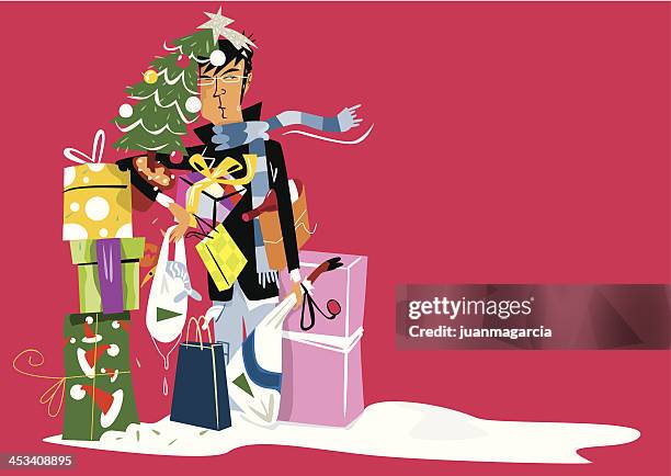 illustrations, cliparts, dessins animés et icônes de homme stressé après l'achat de cadeaux de noël. - christmas angry