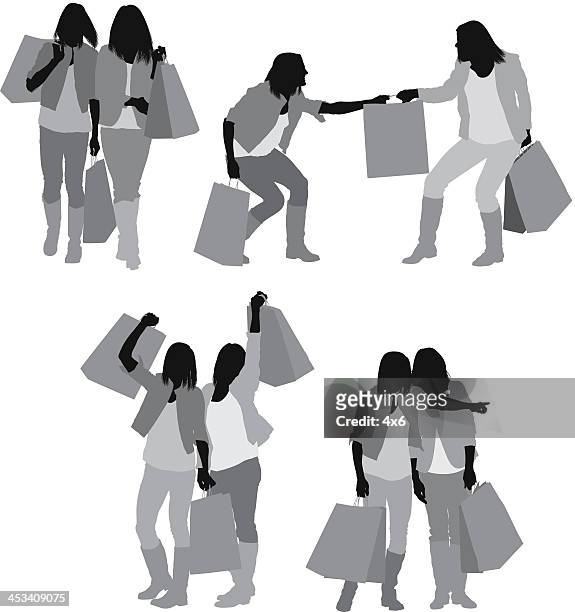 silhouette der weiblichen freunden mit einkaufstaschen - denim jacket stock-grafiken, -clipart, -cartoons und -symbole