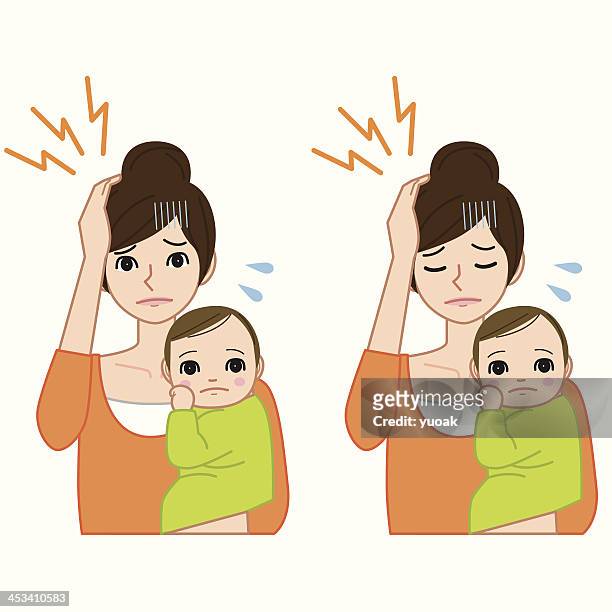 ilustraciones, imágenes clip art, dibujos animados e iconos de stock de mujer con dolor de cabeza bebé - impatient